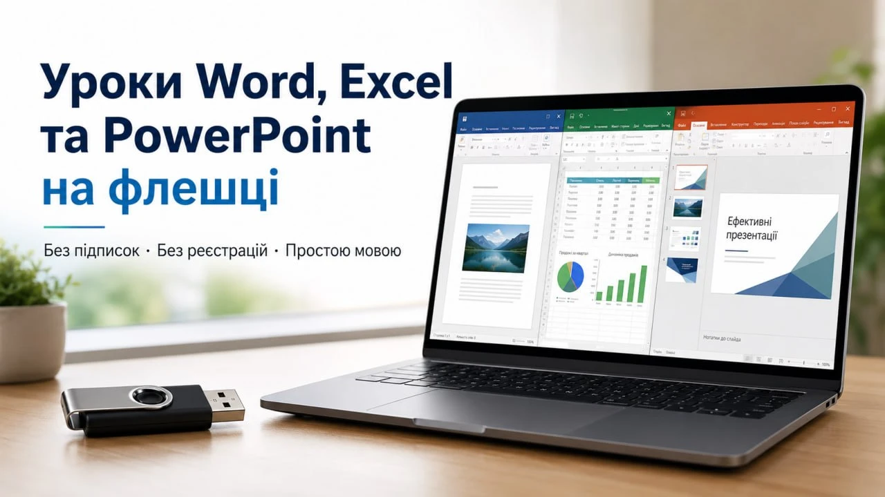 Жінка навчається працювати у Word, Excel та PowerPoint за ноутбуком, поруч USB-флешка з уроками